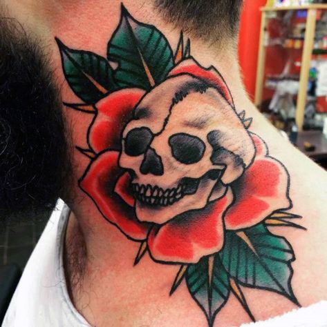 Skull And Rose Tattoo, Simple Neck Tattoos, Pelican Tattoo, Rose Neck Tattoo, Traditional Skull, Full Neck Tattoos, Best Neck Tattoos, Small Neck Tattoos, Skull Rose Tattoos