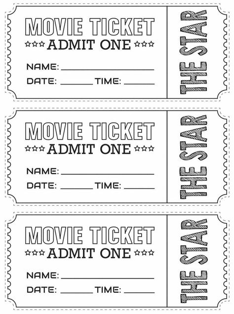 Paper Tickets Free Printable, Fake Movie Tickets Printable, Cinema Tickets Printable, Blank Movie Ticket Template, Cinema Ticket Invitation, Movie Night Coloring Page, Diy Tickets Templates, Movie Theater Tickets Free Printable, Cinema Ticket Template Free Printables