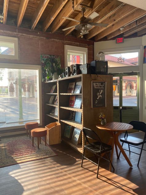 Music Themed Coffee Shop, Artistic Coffee Shop, Record Store Coffee Shop, Small Town Coffee Shop Aesthetic, Corner Shop Aesthetic, 70s Coffee Shop, 90s Coffee Shop, Music Coffee Shop, Old Coffee Shop