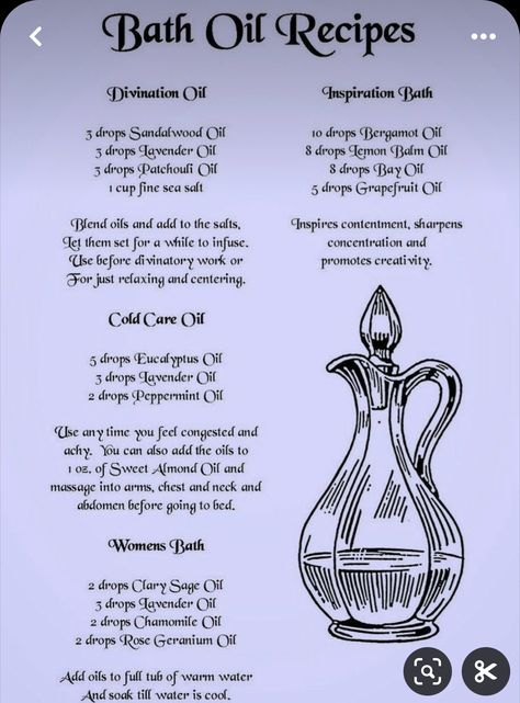 Wicca Essential Oils, Witchy Beauty Tips, Ritual Bath Recipes Witchcraft, Essential Oil Witchcraft, Bath Magic, Magick Oil, Essential Oil Diffuser Blends Recipes, Spiritual Bath, Ritual Oil