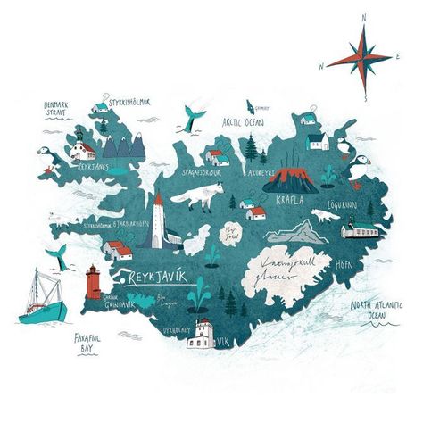 Gorgeous Iceland map Map Of Iceland, Iceland Honeymoon, Iceland Map, Travel Infographic, Island Map, City Guides, Travel Illustration, Iceland Travel, Illustrated Map