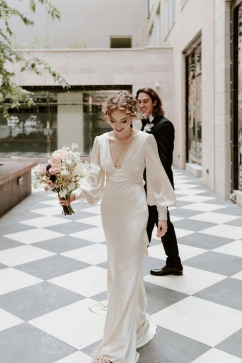 Clara Gown Watters, Clara Watters Dress, Watters Wedding Dress Clara, Clara Watters, Cool Bride Dress, Modern Long Sleeve Wedding Dress, Elegant Wedding Dress Silk, Long Sleeve Vintage Wedding Dress, Fun Wedding Dress