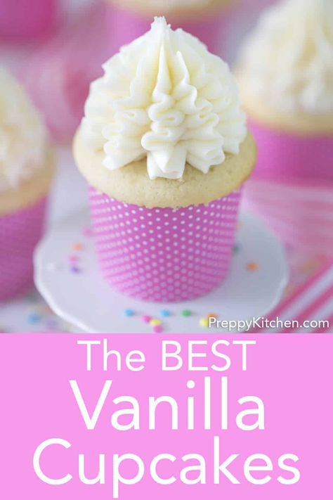 These vanilla cupcakes will blow your mind! I know this is a strong statement but they are so moist and bursting with vanilla flavor, you just won't believe it! Moist Vanilla Cupcake Recipe, Best Vanilla Cupcakes, Moist Vanilla Cupcakes, Black Color Hairstyles, Hairstyles Black Hair, Color Hairstyles, Vanilla Cupcake Recipe, Preppy Kitchen, How To Make Cupcakes