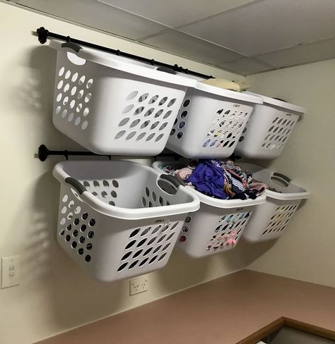 #laundryroomdesign #organization Laundry Basket Storage Above Washer, Small Dirty Laundry Storage, Laundry Basket Organization Small Spaces, Laundry Basket Storage Small Space, Hanging Laundry Baskets On Wall, Laundry Basket Shelf, Laundry Basket Shelves, Laundry Basket Holder, Laundry Room Decor Diy