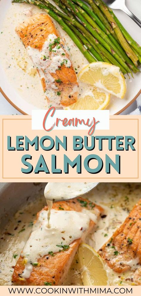 This Creamy Lemon Butter Salmon has a deliciously creamy sauce that’s infused with tart lemon and buttery flavor. This salmon recipe is so simple to make but feels so decadent and is perfect for any occasion. You only need a handful of simple ingredients to make this delicious and satisfying meal! Salmon With Lemon Garlic Cream Sauce, Salmon Lemon Butter Sauce, Lemon Sauce For Salmon, Salmon Recipe Pan, Butter Cream Sauce, Baked Salmon Lemon, Lemon Butter Salmon, Fish Meals, Delicious Salmon Recipes