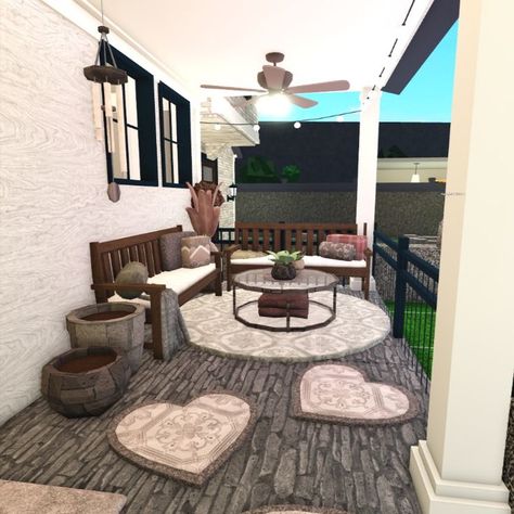 roblox bloxburg Bloxburg Back Porch Ideas, Porch Idea Bloxburg, Things To Add In Bloxburg House, Bloxburg House Porch, Bloxburg Chill Room Ideas, Bloxburg Porch Ideas Aesthetic, Ways To Fill Up Space In Bloxburg, Cute Living Room Bloxburg, Bloxburg House Inside Ideas