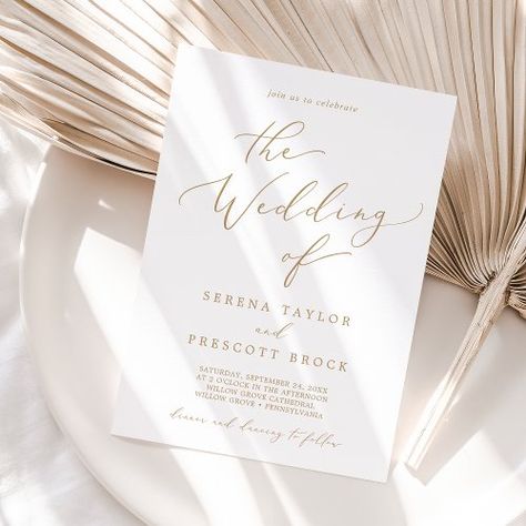 $1.98 | Delicate Gold Calligraphy The Wedding Of #modern wedding, elegant the wedding of, simple marriage, minimalist wedding, whimsical wedding, romantic wedding, classic chic script typography k200, neutral clean spring summer calligraphy, white and gold printed wedding, classy minimal champagne golden yellow Champagne Wedding Invites, Gold And White Wedding Invitations, Summer Calligraphy, Wedding Invitations Champagne, Yellow Typography, Romantic Minimalist, Classy Wedding Invitations, Wedding Whimsical, Summer Wedding Invitations