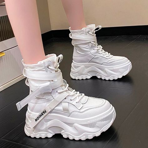 Platforms Aesthetic, Thick Bottom Shoes, Plateau Sneaker, Platform Boots Chunky, Women's Motorcycle Boots, Fabric Boots, Dance Sneakers, Dr Shoes, Boots White