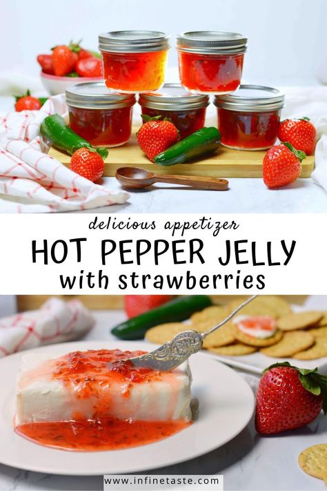 jelly in jars with title in center Strawberry Hot Pepper Jelly Recipe, Strawberry Jalepeno Pepper Jelly, Spicy Strawberry Jam Recipe, Hot Pepper And Fruit Jelly Recipe, Strawberry Hot Pepper Jelly, Strawberry Hot Pepper Jam, Strawberry Jalepeno Recipes, Scorpion Pepper Recipes, Jalapeno Jelly Recipe Easy