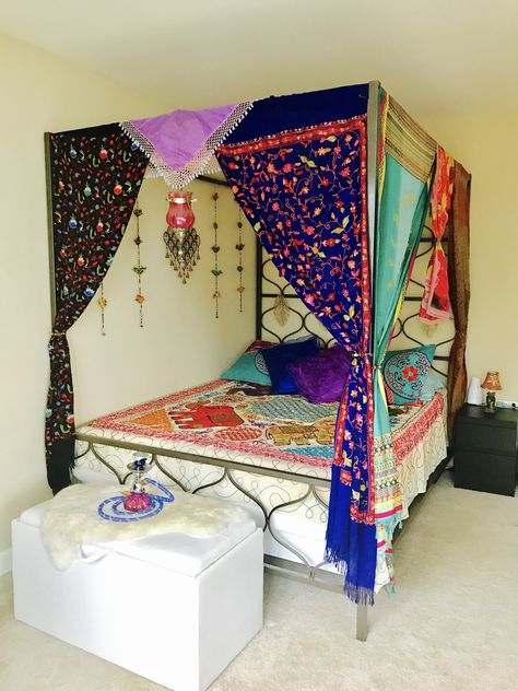 Indian princess canopy bed Indian Canopy Bed, Gold Bed Frame, Aesthetics Room Decor, Room Decor For Men, Minimalist Room Decor, Princess Canopy Bed, Princess Bedrooms, Princess Canopy, Idea Bedroom