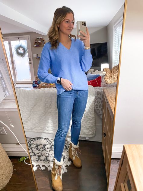 V-Neck Sweater curated on LTK Blue V Neck Sweater Outfit, How To Style V Neck Sweater, Classic Blue V-neck Sweater For Fall, Casual Blue V-neck Sweater For Layering, Light Blue Sweater Outfit, V Neck Sweater Outfit, Neck Sweater Outfit, Chic Blue V-neck Sweater, Blue V Neck Sweater