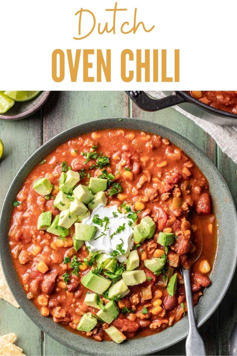 This stovetop Dutch oven chili is everything you crave in a classic chili recipe. It's hearty, perfectly spiced, packed with protein, and makes for even better leftovers. Have this easy one-pot meal ready in just about 30 minutes! Chili Dutch Oven Recipes, Chili Dutch Oven, Dutch Oven Chili, Classic Chili Recipe, Family Breakfast Recipes, Classic Chili, Dutch Oven Recipes, Easy One Pot Meals, Homemade Salads