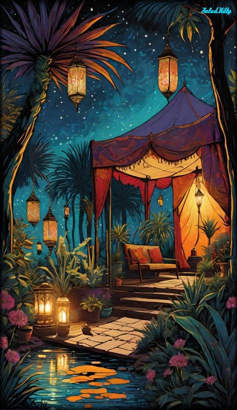 Arabian Art Wallpaper, Arabian Nights Aesthetic Wallpaper, Arabian Nights Painting, Arabian Nights Art, Arabian Nights Illustration, Arabian Nights Bedroom, Arabian Nights Book, Arabian Nights Aesthetic, Arabian Art