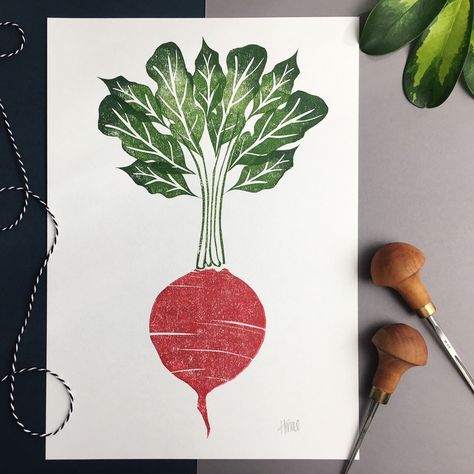 Juicy Beetroot up in the shop now along with the other veggies Vegetable Print, Colourful Kitchen, Linoleum Print, Linoleum Block Printing, Linocut Printmaking, Vegetable Prints, Stamp Carving, Linocut Art, Fabric Stamping