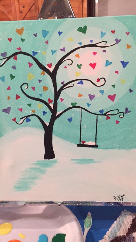 Valentine Canvas Painting, Valentine’s Day Painting On Canvas, Valentines Painting Ideas Canvases, Branch Drawing, Kids Canvas Painting, Wine And Canvas, Paint Nite, Painting Party, Tree Swing