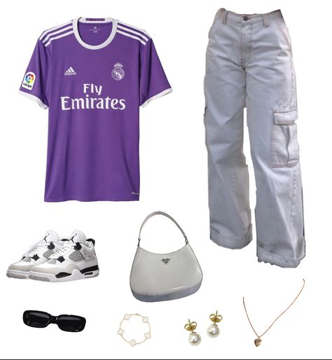 Football Jersey Outfit Real Madrid, Real Madrid Jersey Outfit, Real Madrid Outfit, Madrid Outfits, Football Jersey Outfit, Cargo Outfit, Jersey Outfit, Football Outfits, Cute Comfy Outfits