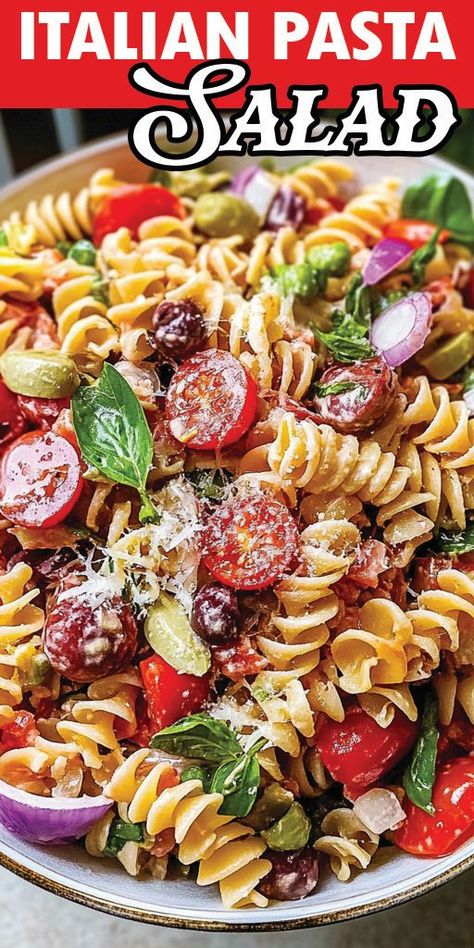 Italian Pasta Salad Ingredients: 1 lb. rotini pasta 3.5-4 oz. pepperoni, quartered (about ¾ cup) 4 oz. sliced salami, quartered (about ¾ cup) 1 pint cherry tomatoes, halved 1 cup black olives, drained and halved 1 orange bell pepper, chopped 1 green bell pepper, chopped ½ cup finely diced red onion 2 tablespoons chopped pepperoncini 8 oz. fresh mozzarella pearls Freshly grated Parmesan and parsley for garnish #Italianpasta #Salad #Quickrecipe Pasta Pepperoni Salad, Tomato And Cracker Salad, Clean Eating Pasta Salad, Cuban Pasta Salad, Italian Hoagie Pasta Salad, Best Pasta Salad Recipes Cold, Tricolor Pasta Salad, Italian Food Ideas, Italian Pasta Salad Recipes