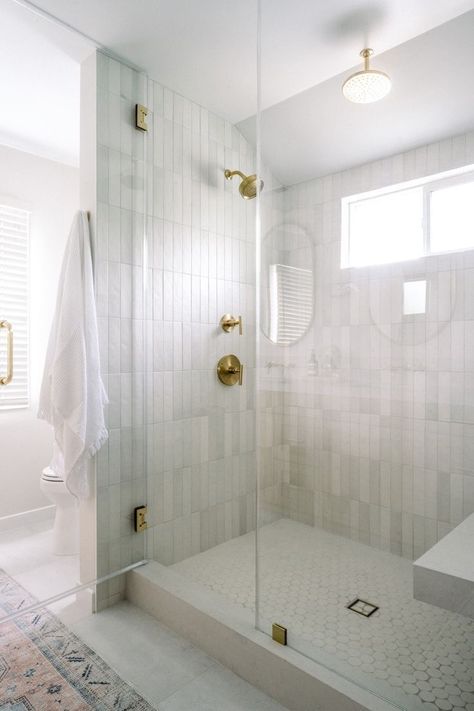 Fordham Bianco 12x24 Matte Porcelain Tile, Neutral Master Bath Tile, Master Shower Ideas Black Hardware, Glass Subway Tile Shower Ideas, Master Bath Floor And Shower Tile Ideas, Shower With Small Window, Classic Primary Bathroom Ideas, Chloe Tile Shower Ideas, Chevron Shower Wall