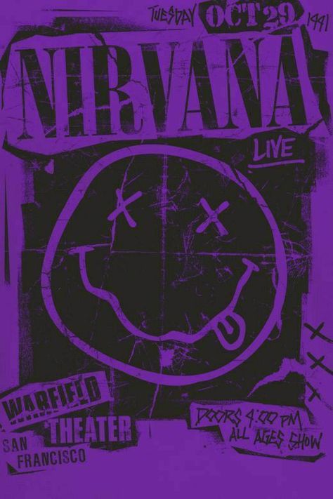 Y2k Wall Collage, Nirvana Wallpaper, Nirvana Poster, Black And Purple Wallpaper, Printable Wall Collage, Grunge Posters, Music Poster Ideas, Pastel Poster, Purple Wall Art