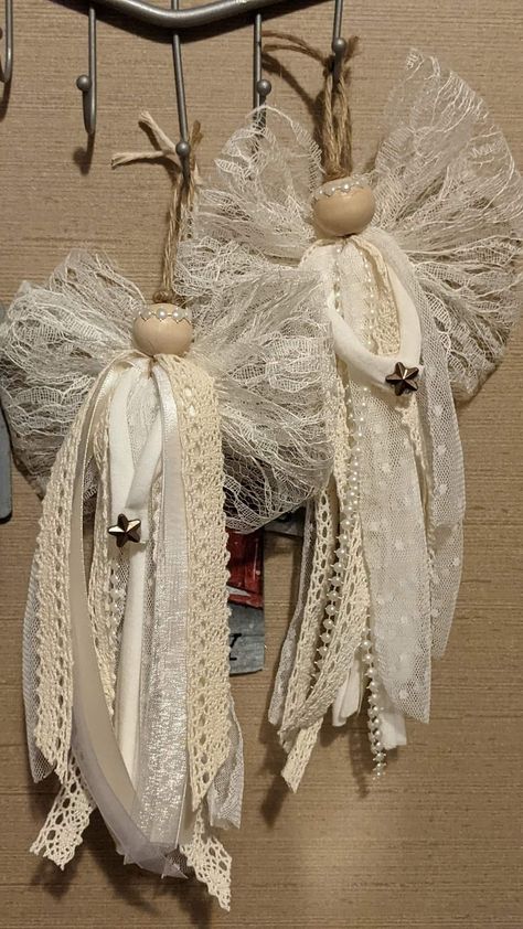 Cloth Angels Handmade, Diy Lace Fabric Angels, Rag Angels Diy, Christmas Ribbon Angels, Angel Tree Ornaments Diy, Diy Angel Wing Ornaments, Diy Christmas Angel Ornaments Simple, Nursing Home Gifts For Residents Diy, Doily Angels How To Make