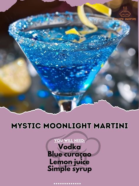 🍸 Unveil the magic with the Mystic Moonlight Martini! 🌙✨ #MysticMartini #EnchantingCocktails Mystic Moonlight Martini Ingredients: Vodka (1 1/2 oz) Blue curaçao (1 oz) Lemon juice (1/2 oz) Simple syrup (1/2 oz) Ice cubes Edible glitter (optional) Lemon twist (for garnish) Instructions: Fill a shaker with ice cubes. Add vodka, blue curaçao, lemon juice, and simple syrup. Shake well and strain into a martini glass. Add a pinch of edible glitter for a magical effect. Garnish with a lemon twi... Blue Moon Cocktail, Moon Cocktail, Vodka Blue, Martini Ingredients, Blue Martini, Fun Drinks Alcohol, Meal Planning Menus, Lemon Twist, Drinks Alcohol