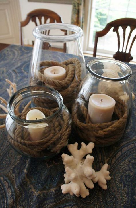 20 Coastal Decorating Ideas With Rope Crafts | Home Design And Interior Deco Theme Marin, Nautical Wedding Centerpieces, Nautical Centerpiece, Candle Table Decorations, Summer Centerpieces, Buffet Ideas, Reception Flowers, Nautical Baby Shower, Planning Checklist