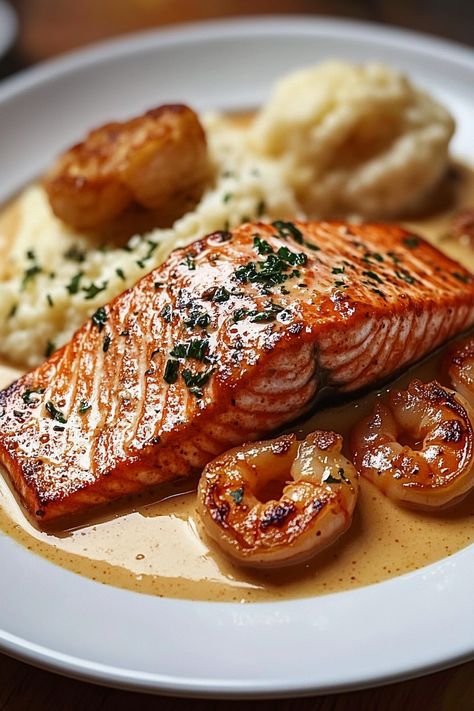 Red Salmon, Shrimp & Grits with Cajun Cream Sauce Salmon And Shrimp With Cajun Cream Sauce, Cajun Cream Sauce, Quick Grits, Cajun Salmon, Creamy Grits, Seafood Dish Recipes, Frozen Salmon, Salmon And Shrimp, Red Salmon