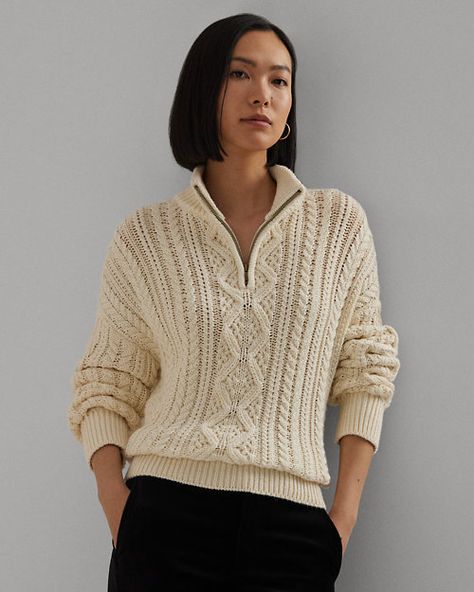 Aran-Knit Cotton Quarter-Zip Pullover Ralph Lauren Quarter Zip, Quarter Zip Sweater, Ralph Lauren Womens, Quarter Zip Pullover, Winter Sweaters, Zip Sweater, Knit Cotton, New Wardrobe, Work Fashion