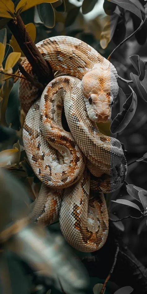 Full Color Image in ai-img-gen.com 🔸 Realistic image, real photo, 8k UHD, light-colored snake rolled up on his body, big, fat and long, o... 🔸 From Midjourney AI Image Snake In Tree, Reptile Aesthetic, Snake Photography, Big Cats Photography, Animal Photography Wildlife, Giant Snake, Snake Wallpaper, Scary Animals, Animal Reference