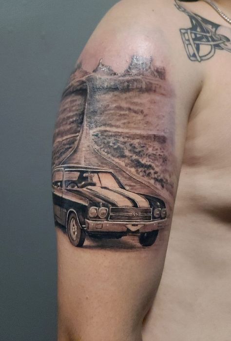 Chevelle Tattoo Ideas, Muscle Car Tattoo, Chevelle Tattoo, Rich Tattoo, Chevy Tattoo, Mirror Tattoos, Master Tattoo, Burton On Trent, Pawprint Tattoo