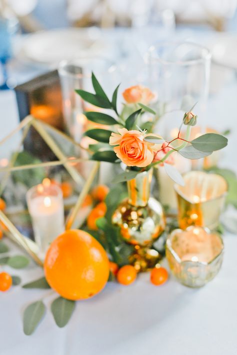 Blue Orange Wedding Decorations, Orange Tree Wedding Decor, Citrus Table Runner, Orange Citrus Wedding Decor, Dusty Blue Orange Wedding, Florida Wedding Decor, Bridesmaid Dresses Bright, Citrus Theme, Orange Wedding Themes