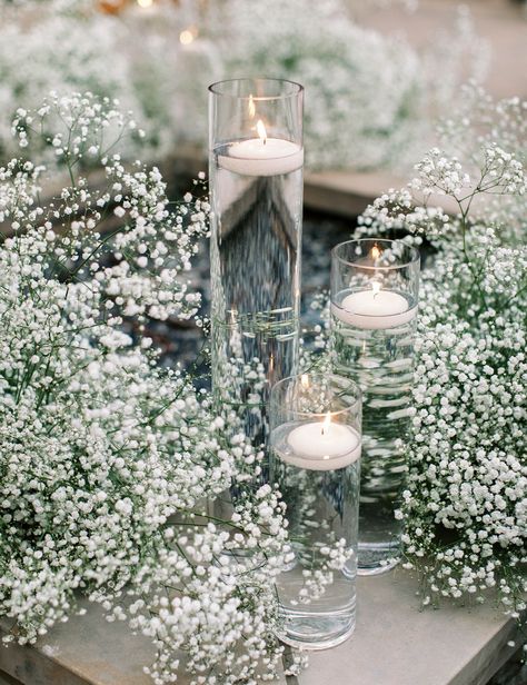 Gypsophila Wedding Table Centerpieces, Eucalyptus And Baby Breath Wedding, Baby's Breath Wedding Centerpieces, Baby Breath And Candle Centerpiece, Gypsophila Table Decorations, Babysbreath Centerpieces Vases, Gypsophila Centrepieces, Gypsophila And Candles Wedding, Baby Breath Centerpiece Wedding