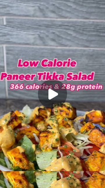 Tarn Kaur | Online Coach 🏋🏼‍♀️💕 on Instagram: "High Protein Low Calorie Paneer Tikka Salad😍🌶️  This salad was so delicious & full of flavour, I literally could eat it every single day 🤤  Ingredients: 200g Paneer 100g greek yoghurt  Salt to taste Lemon juice 1/2 tbsp ground coriander 1/2 tbsp paprika 1/2 tbsp chilli powder 1/2 tsp chilli flakes 1/2 tsp garlic salt 1/2 tsp onion granules  1/2 tsp black pepper   Method: 1. Cut the paneer into cubes and put into hot water for 5-10 mins 2. Mix together all the spices to make a marinade 3. Drain the paneer and add to the marinade and set aside  4. Heat the air fryer or oven to 200C 5. Make your salad, I added tomatoes, cucumber, red onion, carrot & lettuce topped with fresh coriander and seasoned with lemon juice 6. Cook the paneer for 15 Low Calorie Paneer Recipes, Paneer Salad, Tikka Recipe, High Protein Low Calorie, Paneer Tikka, Vegetarian Salads, Paneer Recipes, Healthy Salad, Chilli Flakes