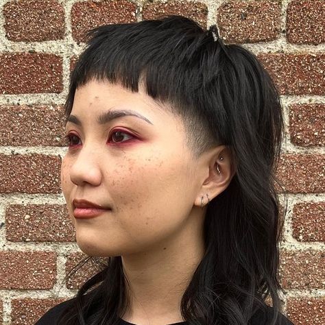 Chloe Mejia on Instagram: "✨Morgan ✨ styled with @cultandking . . . . . . . . . . #mullet #mullethair #mullethaircut #elevatehair @elevatehair #cultandking #babybangs #hairbrained #hairgoals #bostonhair #bostonhairstylist #bostonsalon" Undercut Mullet Women Long, Mullet With Fringe Woman, Mullet And Micro Bangs, Mullet Hairstyle Women Fine Hair, Shullet Straight Hair, Micro Fringe Mullet, Microbangs Mullet, Long Mullet Shaved Sides, Women With Mullets