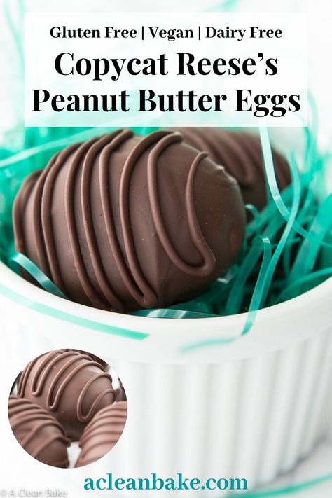 Just in time for Easter, this healthier spin on copycat Reese’s peanut butter eggs only takes about 10 minutes of hands on time, and can be adapted to be nut free or paleo. #easterdessertrecipes #easterbrunch #easydessertrecipe #paleodessert #eastereggs #glutenfreeeaster Reese Peanut Butter Eggs, Gluten Free Easter, Easter Food Appetizers, Peanut Butter Eggs, Eating Better, Bake Desserts, Reeses Peanut Butter, Easter Candy, Paleo Dessert