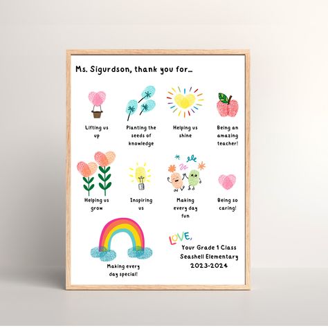 Fingerprint Art, Teacher Thank You Cards, Art Mignon, Year End, Rainbow Background, Personalized Teacher Gifts, Teacher Thank You, Gift For Teacher, Card Printable