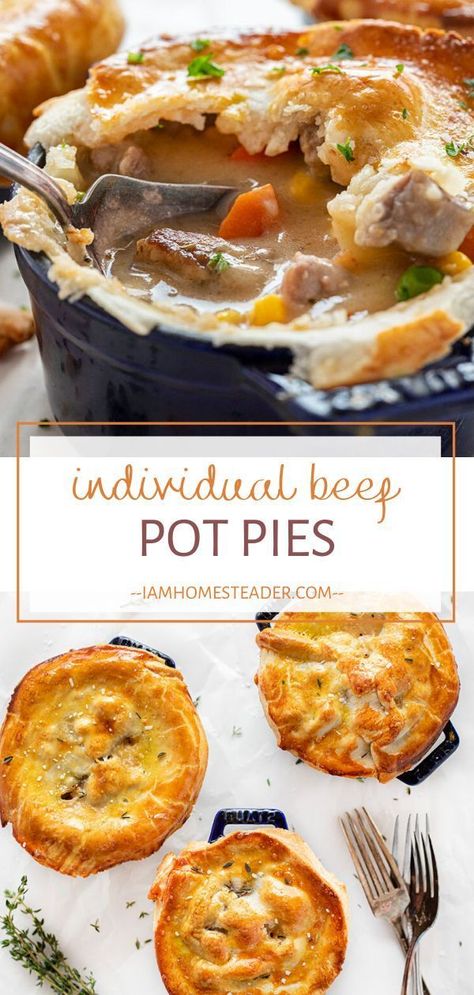 Individual Beef Pot Pies are the perfect comforting dinner idea for cold nights! This hearty winter recipe is loaded with tender beef and full of vegetables and flavor. Save this homemade pot pie recipe for later! Pot Pies With Pie Crust, Mini Beef Pot Pies, Homemade Pot Pie Recipe, Meat Pot Pie, Hearty Winter Recipes, Beef Pie Recipe, Beef Pot Pie Recipe, Homemade Pot Pie, Beef Pot Pie