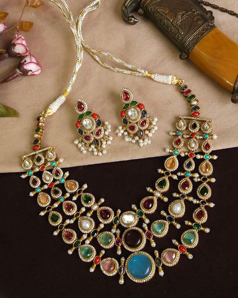 To place an order Contact: +1980-880-1354 #jewelry #usa #usaindianjewellery #usapakistanifashion Navratan Necklace, Jewelry Kundan, Lucky Jewelry, Kundan Set, Earrings Indian, Kundan Necklace, Gold Jewellery Design Necklaces, Kundan Necklaces, Jewelry Design Necklace