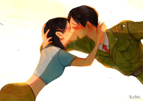 ArtStation - Kiss Goodbye, BlueBean (Angela Wong) Couple Love Kiss, Kiss Goodbye, Glen Keane, Illustrations Digital, Girl Train, Storyboard Illustration, Design Painting, Love Illustration, Character Design Animation