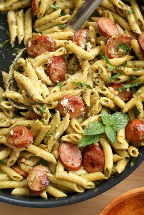 Chicken Sausage Pesto Pasta, Italian Sausage Pesto Pasta, Pesto Sausage Pasta, Sausage Pesto Pasta, One Pan Sausage, Pan Sausage, Smoked Sausage Pasta, Chicken Sausage Pasta, Chicken Sausage Recipes