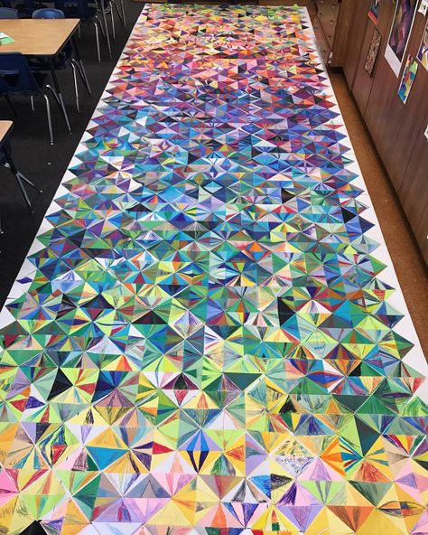 can't wait to hang this next week and see it head on. 28 classes participated. Close to 900 students. 8'x24'. @tulapink Collaborative Mural, Group Art Projects, Class Art Projects, Collaborative Art Projects, Auction Projects, 4th Grade Art, School Murals, Art Curriculum, Elementary Art Projects