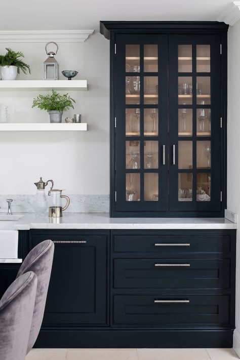 Black Kitchen Cabinets Glass Doors, Shaker Kitchen Glass Cabinets, Black Cabinets With Glass Doors, Black Metal And Glass Kitchen Cabinets, Black Glass Front Kitchen Cabinets, Black Glass Upper Cabinets, Black Kitchen Cabinets With Glass Doors, Glass Front Cabinets Display, Black Glass Cabinets Kitchen