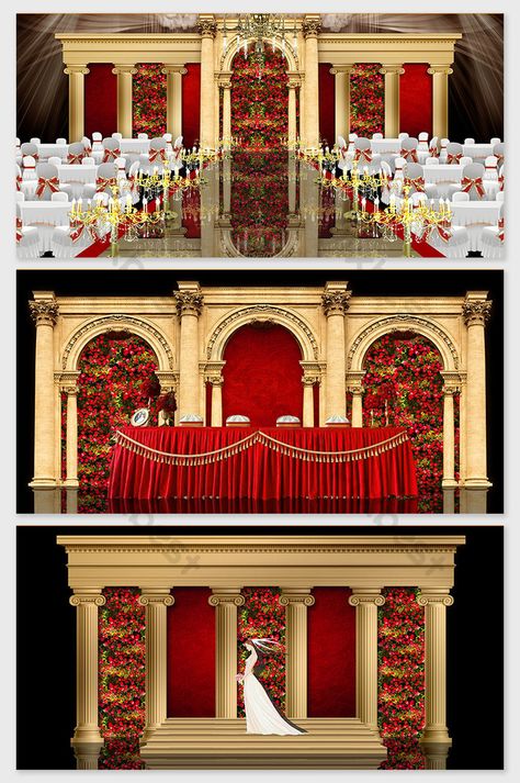 red high end rose baroque theme wedding effect picture Marriage Hall, Rose Wedding Theme, Baroque Wedding, Forest Theme Wedding, Ganapati Decoration, Rosé Theme, Red Rose Wedding, Wedding Stage Design, Wedding Backdrop Design