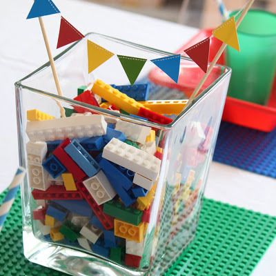 http://www.birthdaypartyideas4u.com/harvey-lego-themed-birthday-party/ Lego Party Centerpieces, Lego Centerpiece Ideas, Lego City Birthday, Lego Movie Party, Lego Ninjago Party, Lego Themed Party, Ninjago Birthday, Ninjago Party, Lego Dimensions