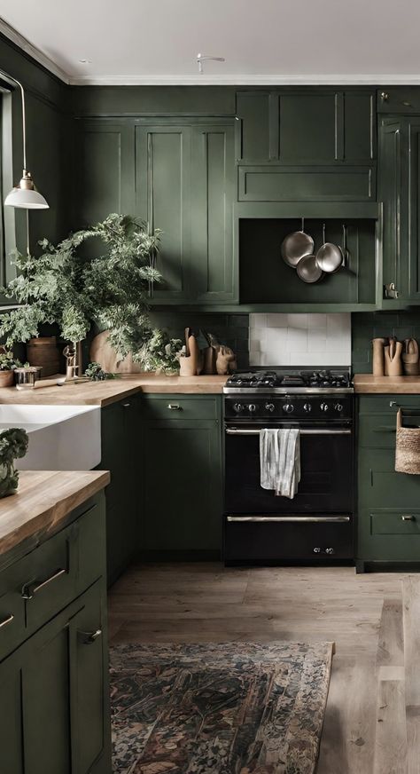 Forest Green Home Interior, Green Aesthetic Kitchen Decor, Dark Green Painted Kitchen Cabinets, 1900s Kitchen Cabinets, Green Kitchen Interior Design, Paint Schemes For Kitchen, Dark Hunter Green Kitchen Cabinets, Green Black Brown Kitchen, Dark Green Kitchen Cupboards