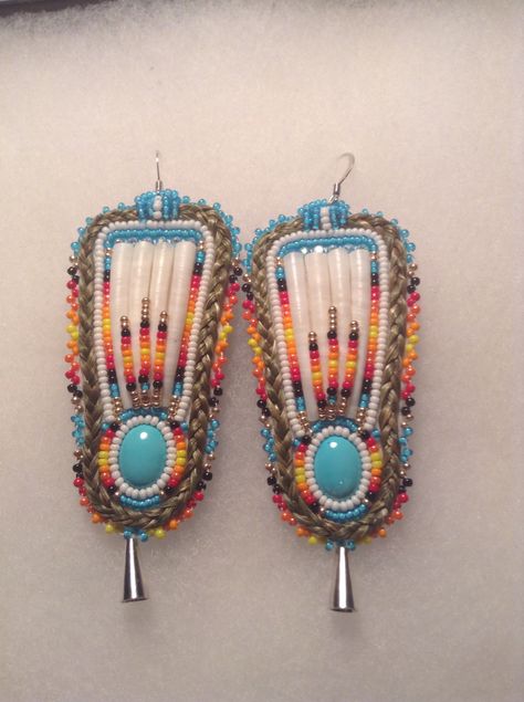 beaded turquoise earrings Sweet Grass Beaded Earrings, Dentilium Earrings, Dentalium Earrings, Indian Beadwork, Beautiful Beaded Earring, Native Beading, Beaded Things, Beaded Earrings Native, Beadwork Designs