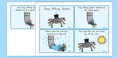 Incy Wincy Spider Story Sequencing 4 per A4 (Australia) Australia Spider, Incy Wincy Spider Activities, Jack And The Beanstalk Story, Nursery Rhymes Preschool Crafts, Incy Wincy Spider, Spider Activities, Nursery Rhymes Preschool, Sequencing Cards, Traditional Tales