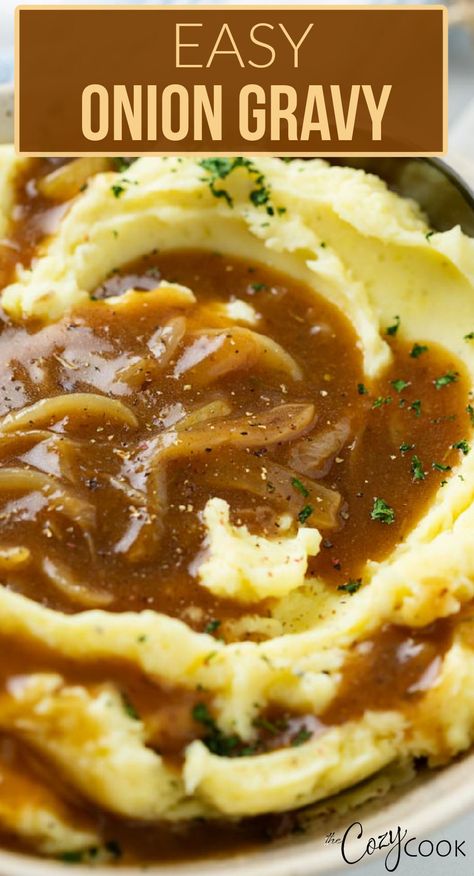 onion gravy on top of mashed potatoes and garnished with parsley. Salisbury Steak With Onion Gravy, Brown Gravy Recipe, Homemade Salisbury Steak, Homemade Gravy Recipe, Easy Gravy Recipe, Pork Gravy, Homemade Sauce Recipes, Beef Gravy, With Mashed Potatoes