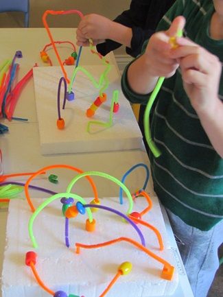 Styrofoam pipe cleaner bead mazes Motor Planning, Preschool Fine Motor, Diy Pipe, Creative Curriculum, Motor Skills Activities, Therapy Resources, Pipe Cleaners, Skills Activities, Teaching Preschool