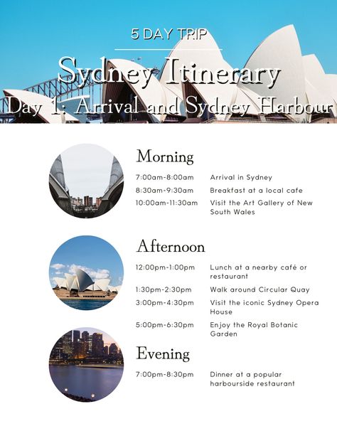 Embark on a breathtaking journey through Sydney with our beautifully designed, customizable 5-Day Sydney Itinerary Canva Template. This easy-to-use and visually appealing template will guide you through the iconic landmarks, hidden gems, and experiences of the Harbour City. Whether you're a first-time visitor or a seasoned traveler, this itinerary will help you make the most of your Sydney adventure. What's included: * A detailed 5-day itinerary with suggested timings, covering major attractions like the Sydney Opera House, Bondi Beach, Taronga Zoo, and The Rocks, as well as lesser-known spots to explore * High-quality images for each destination, giving you a glimpse of Sydney's beauty and charm * Customizable text, colors, and layout to match your style and preferences * Designed for eas Sydney Attractions, Sydney Itinerary, Sydney Travel Guide, Australia Packing List, Sydney Australia Travel, 1 Day Trip, Australia Itinerary, Sydney Travel, Oceania Travel